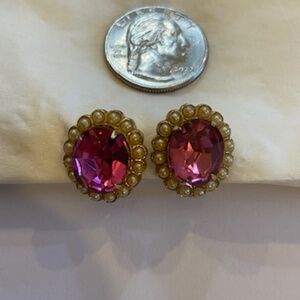 Vintage earrings faux pearls and pink stones, screw back costume jewelry gift